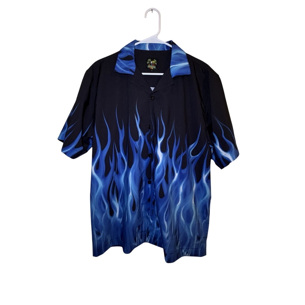 Benny's Bowling Button-Up Shirt Mens‎ Size Small Blue Flames Short Sleeve Casual